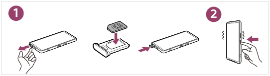 SIMカード／microSDカードトレイを引き出し、SIM カードを挿入して本機の電源を入れる操作を示した図。