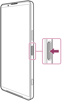 正面図、右側面の電源ボタンを示した図。