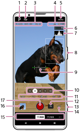 カメラアプリのプロ動画モードの各部の名称。画面上部1から7、本体右側面8と13、画面中央9、画面下部10から12と14から17。