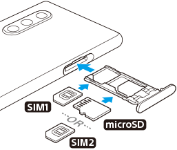 SIMカードとmicroSDカードの挿入図。背面から見て右側面のSIMカードトレイを引き出し、メインSIMカードを下側のトレイに、もう1つのSIMカードまたはmicroSDカードを上側のトレイに配置する。