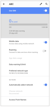 Obrázek obrazovky pro nastavení karty SIM pro jednu kartu SIM.