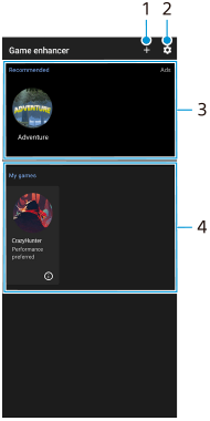 Snímek ukazující, kde se každá funkce nachází na obrazovce Vylepšení her. Pravá horní oblast zleva doprava, 1 a 2. Horní oblast, 3. Středová oblast, 4.