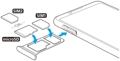Illustration de l’insertion des cartes SIM et d’une carte mémoire dans le logement. Côté gauche dans la vue de face, placer la carte SIM principale sur le support inférieur et une carte mémoire ou une carte SIM secondaire sur le support supérieur.