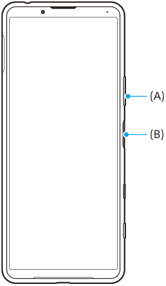 Illustration de la vue de face indiquant la touche Marche/Arrêt et la touche de diminution du volume. Côté droit, de haut en bas, A et B.