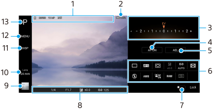 Photo Proアプリ画面の各部の名称。画面左上部1と2、画面右側上から下へ3～6、画面下部右から左へ7と8、画面左側下から上へ9から13。