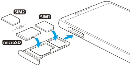 Diagrama de inserção de cartões SIM e um cartão de memória na ranhura. Lado esquerdo na vista frontal, colocando o cartão SIM principal no tabuleiro inferior e um cartão de memória ou um cartão SIM secundário no tabuleiro superior.