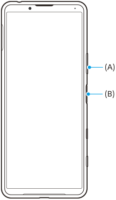 Diagrama da vista frontal que mostra a tecla Ligar/Deslig. e a tecla de diminuição do volume. Lado direito, de cima para baixo, A e B.