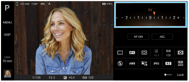Snímek ukazující, kde se volič nachází na pohotovostní obrazovce Photo Pro v režimu automatického programu.