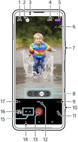 Εικόνες που δείχνουν πού βρίσκεται κάθε λειτουργία στην οθόνη αναμονής Photo Pro στη λειτουργία βίντεο BASIC (Βασική). Άνω περιοχή, 1 έως 6. Δεξιά πλευρά της συσκευής, 7 και 10. Κάτω περιοχή, 8 έως 9 και 11 έως 17.