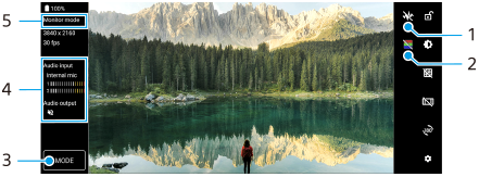 Kuva, joka näyttää, missä kukin parametri sijaitsee ulkoisen näytön Näyttötila-näytössä. Alue oikealla ylhäältä alas, 1 ja 2. Alue vasemmalla alhaalta ylös, 3–5.