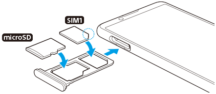 SIMカードとmicroSDカードの挿入図。正面から見て上部左のSIMカードトレイを引き出し、メインSIMカードをカードスロットの奥に入るトレイに、microSDカードをもう1つのトレイに配置する。