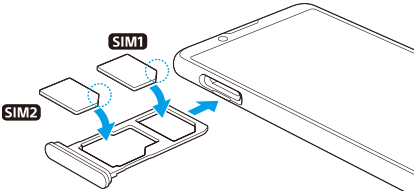 SIMカードの挿入図。正面から見て上部左側面のSIMカードトレイを引き出し、メインSIMカードをカードスロットの奥に入るトレイに、もう1つのSIMカードをもう1つのトレイに配置する。