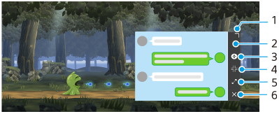 Bilde som viser hvor hvert enkelt ikon er plassert i popup-vinduet mens du spiller et spill. Høyre side, øverst til nederst, 1 til 6.