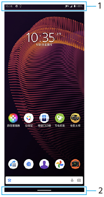 图像显示了每个功能在主屏幕上的位置。上部区域，1。底部区域，2。