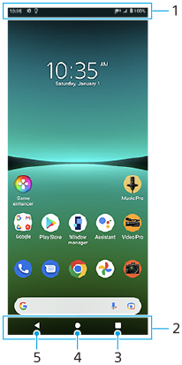 Image showing where each function is located on the Home screen. Upper area, 1. Bottom area from right to left, 2 to 5.