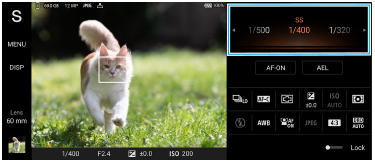 Image showing where the dial is located on the Photo Pro standby screen in the Shutter speed priority mode.