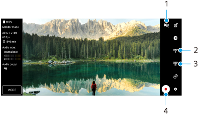 Imagen que muestra dónde está ubicado cada parámetro en la pantalla de modo de monitor del monitor externo. Área derecha de arriba a abajo, 1 a 4.