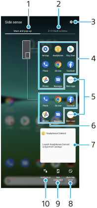 Kuva, joka näyttää, missä kukin toiminto sijaitsee sivutunnistusvalikossa. Alue ylhäällä, 1–3. Alue keskellä, 4–7. Alue alhaalla oikealta vasemmalle, 8–10.
