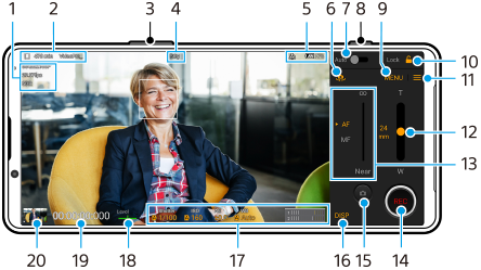 Immagine che mostra la posizione di ciascun parametro nella schermata della modalità di registrazione di Video Pro. Area superiore sinistra, da sinistra a destra, da 1 a 5. Lato superiore del dispositivo, 3 e 8. Area destra, da 6 a 16. Area inferiore sinistra, da destra a sinistra, da 17 a 20.