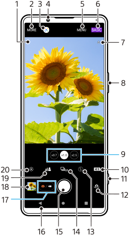 Photo Pro静止画撮影スタンバイ画面、BASIC（ベーシック）モード縦方向での各部の名称。画面上部左から右へ1から7、本体右側面上から8と11、画面下部9と10、12から20。