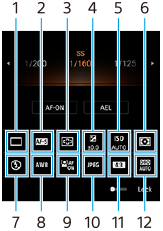 Obraz przedstawiający rozmieszczenie poszczególnych ikon na ekranie gotowości aplikacji Photo Pro w trybie AUTO/P/S/M. Górny wiersz, od lewej do prawej: 1 do 6. Dolny wiersz, od lewej do prawej: 7 do 12.