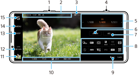ภาพแสดงตำแหน่งของแต่ละพารามิเตอร์บนหน้าจอสแตนด์บาย Photo Pro ในโหมด AUTO/P/S/M ด้านบนของอุปกรณ์ 1 และ 4 บริเวณกึ่งกลาง 2 และ 3 บริเวณด้านขวาจากบนลงล่าง 5 ถึง 8 บริเวณด้านล่าง 9 และ 10 บริเวณด้านซ้ายจากล่างขึ้นบน 11 ถึง 15