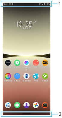 图像显示了每个功能在主屏幕上的位置。上部区域，1。底部区域，2。