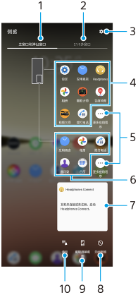 图像显示了侧感菜单上每个功能的位置。上部区域，1到3。中央区域，4到7。底部区域，从右到左，8到10。