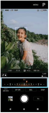 Snímek ukazující, kde se volič nachází na pohotovostní obrazovce Photo Pro v režimu automatického programu.