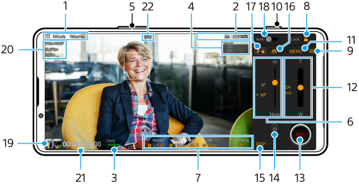 Image showing where each parameter is located on the Video Pro Recording mode screen in the landscape orientation. Upper side of the device, 5 and 10. Upper left area from left to right 20, 1, 22, 4, and 2. Right area, 6, 8, 9, and 11 to 18. Bottom left area from right to left, 7, 3, 21, and 19.