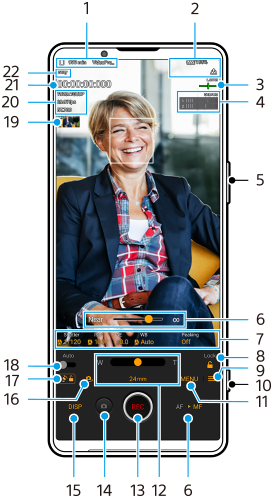 Image showing where each parameter is located on the Video Pro Recording mode screen in the portrait orientation. Right side of the device, 5 and 10. Upper left area, 1 and 19 to 22. Upper right area, 2 to 4. Lower area, 6 to 9 and 11 to 18.