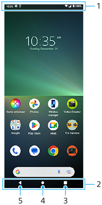Image showing where each function is located on the Home screen. Upper area, 1. Bottom area from right to left, 2 to 5.