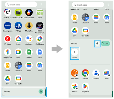 Image indiquant où toucher pour déverrouiller l’espace privé dans le panneau des applis et image indiquant l’icône Paramètres et l’icône Installer dans l’espace privé