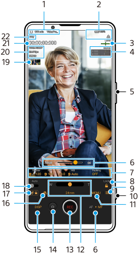 縦方向でのVideo Pro撮影モード画面の各部の名称。本体右側面5と10、画面左側上部1と19から22、画面右側上部2から4、画面下部6から9と11から18。