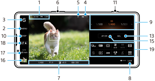 Bilde som viser hvor hver parameter befinner seg i standby-skjermbildet for Photo Pro i AUTO/P/S/M-modus i liggende retning. Øvre side av enheten, 6 og 11. Området i midten, 1, 5 og 4. Høyre område, fra øverst til nederst, 9, 13, 15 og 19. Nedre område, 7 og 8. Venstre område, fra nederst til øverst, 16 til 18, 10, 2 og 3.