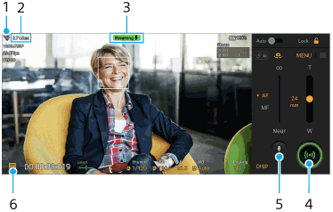 Obraz przedstawiający rozmieszczenie poszczególnych parametrów na ekranie trybu Streaming mode aplikacji Video Pro w orientacji poziomej. Obszar w lewym górnym rogu, od lewej do prawej: 1 do 3. Obszar w prawym dolnym rogu, od prawej do lewej: 4 i 5. Dolny obszar po lewej stronie: 6.