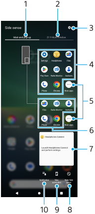 Imagem que mostra onde cada função está localizada no menu Sensor lateral. Área superior, 1 a 3. Área do centro, 4 a 7. Área inferior da direita para a esquerda, 8 a 10.