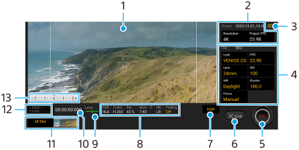 ภาพแสดงตำแหน่งของแต่ละพารามิเตอร์ในหน้าจอแอปพลิเคชัน Cinema Pro บริเวณซ้ายบน 1 บริเวณขวาบน 2 และ 3 บริเวณกึ่งกลางด้านขวา 4 บริเวณด้านล่างจากขวาไปซ้าย 5 ถึง 13