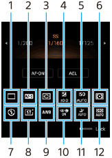 ภาพแสดงตำแหน่งของแต่ละไอคอนบนหน้าจอสแตนด์บาย Photo Pro ในโหมด AUTO/P/S/M ในแนวนอน แถวบนจากซ้ายไปขวา 1 ถึง 6 แถวล่างจากซ้ายไปขวา 7 ถึง 12