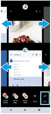 Hình ảnh hiển thị nơi vuốt để chọn ứng dụng cho chia đôi màn hình và vị trí của biểu tượng Xong