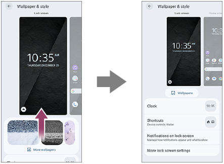 Image showing how to access settings other than the wallpaper by swiping up from the bottom of the screen on the Lock screen of [Wallpaper & style].