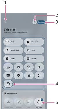 Image showing where each function is located in the Quick settings panel. Upper left area, 1. Upper right area, 2 and 3. Bottom area, 4 and 5.