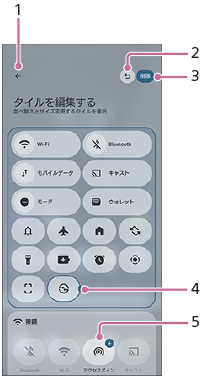 クイック設定パネル画面の各項目を引き出した画面。画面左上1、画面右上2と3、画面下4と5。