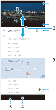 Εικόνα του διαχωρισμού οθόνης και των συστατικών μερών, που δείχνουν κάθε τμήμα με αριθμό. Άνω μισό, 1. Περιθώριο, 2. Κάτω μισό, 3. Κάτω περιοχή από τα δεξιά προς τα αριστερά, 4 και 5.