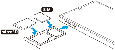 Diagram of inserting a SIM card and a memory card into the slot. Left side in front view, placing a SIM card and a memory card on the tray.