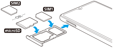 Diagram of inserting SIM cards and a memory card into the slot. Left side in front view, placing the main SIM card on the lower tray and a memory card or secondary SIM card on the upper tray.