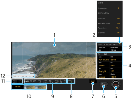 Изображение, показващо къде се намира всеки параметър на екрана на приложението Cinema Pro. Горна лява област, 1. Горна дясна област, 2 и 3. Централна дясна област, 4. Долна област, от дясно на ляво, от 5 до 12.