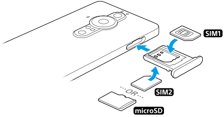 Illustration de l’insertion des cartes SIM et d’une carte mémoire dans le logement. Côté droit dans la vue arrière, placer la carte SIM principale sur la face avant du support et une carte mémoire ou une carte SIM secondaire sur la face arrière du support.