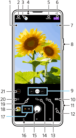 Afbeelding die laat zien waar elke functie zich bevindt op het Photo Pro-stand-byscherm in de fotomodus BASIS (Basis). Bovenste gebied, 1 t/m 7. Rechterkant van het apparaat, 8 en 11. Onderste gebied, 9 en 10 en 12 t/m 21.