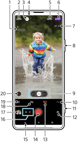 Afbeelding die laat zien waar elke functie zich bevindt op het Photo Pro-stand-byscherm in de videomodus BASIS (Basic). Bovenste gebied, 1 t/m 7. Rechterkant van het apparaat, 8 en 11. Onderste gebied, 9 en 10 en 12 t/m 20.